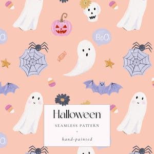 Patrón sin costuras de Halloween pastel, decoración de Halloween, lindo fantasma, calabaza, clipart de papel digital de dulces, tela espeluznante pintada a mano