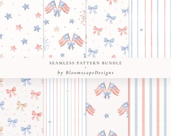 4th of July Seamless Pattern Bundle, Patriotic Bows Stars, USA Flag Digital Paper, Red Blue Stripe Fabric, Summer Scrapbook