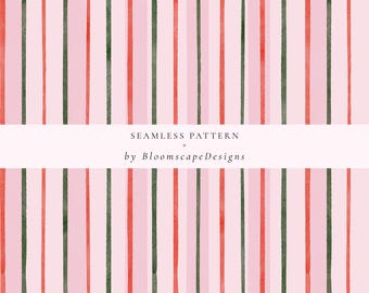 Red and Green Stripe Seamless Pattern, Festive Striped Watercolor Background, Christmas Digital Paper for Holiday Crafts, Scrapbooking