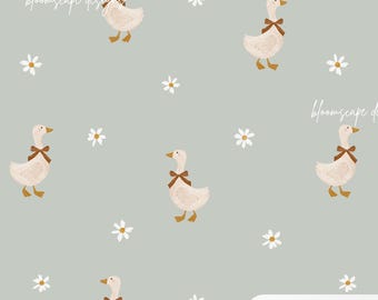 Sage Goose Seamless Pattern, Cottagecore Nursery Wallpaper, Neutral Goose Digital Paper, Daisy Nursery Fabric Print