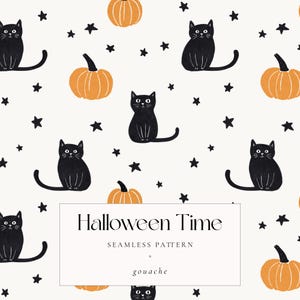 Padrão sem emenda de gato preto e abóbora de Halloween, papel digital fofo de abóbora de gato fantasma PNG, fundo de outono assustador para scrapbooking