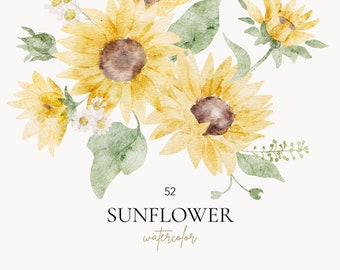 Watercolor Sunflower Clipart, Hand-Drawn Flower Bouquet (PNG)