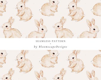 Watercolor Bunny Seamless Pattern, Hand-Painted Rabbit Digital Paper, Neutral Spring Bunny PNG, Easter Nursery Clipart, Cute Rabbit Pattern
