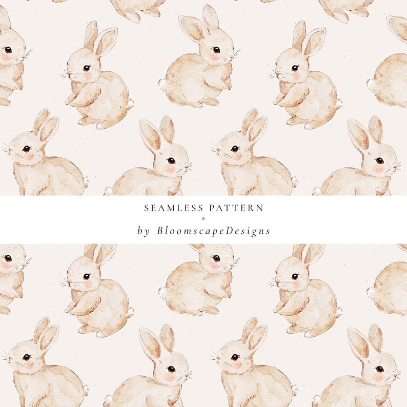 Watercolor Bunny Seamless Pattern, Hand-painted Rabbit Digital Paper ...