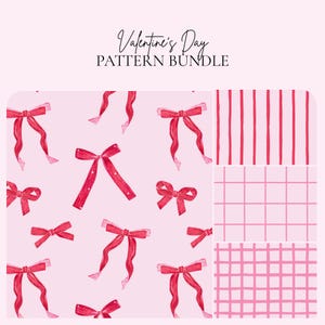 Pacchetto di motivi ad acquerello per San Valentino, carta digitale a righe rosa e fiocco rosso romantico, sfondi senza soluzione di continuità per lavori fai da te e scrapbooking
