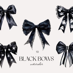 Black Bow Watercolor Clipart Set, Coquette Bow PNG, Girly Gothic Bows, Retro Halloween, Checkered Bow, Spooky Season, Black Bow Trendy PNG image 1