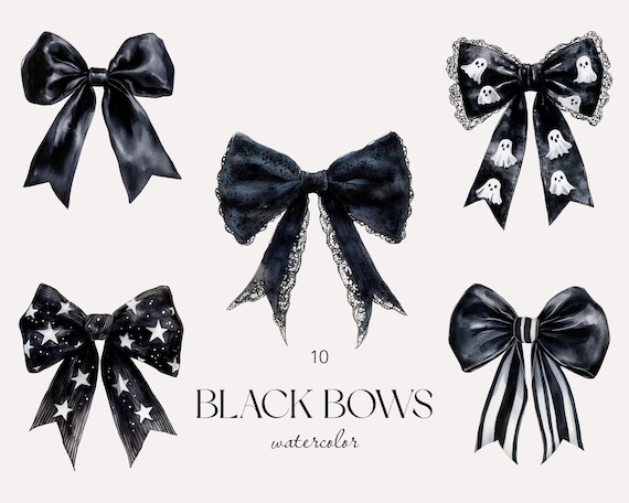 Black Bow Watercolor Clipart Set, Coquette Bow PNG, Girly Gothic Bows, Retro Halloween, Checkered Bow, Spooky Season, Black Bow Trendy PNG