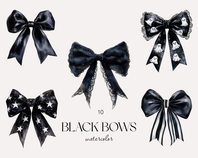 Black Bow Watercolor Clipart Set, Coquette Bow PNG, Girly Gothic Bows, Retro Halloween, Checkered Bow, Spooky Season, Black Bow Trendy PNG image 1