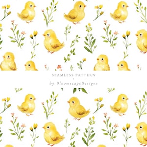 May include: A seamless pattern featuring yellow chicks and green foliage. The chicks are depicted in a watercolor style, with soft, delicate details. The pattern is perfect for adding a touch of spring to any project.