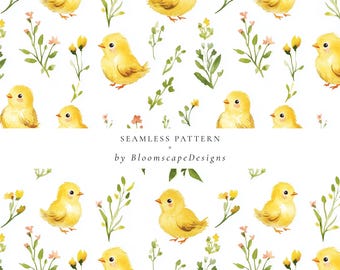 Modèle sans couture aquarelle poussin, fond floral jaune poussin de printemps, conception de chambre de bébé poussin de Pâques, motif de répétition mignon bébé oiseau