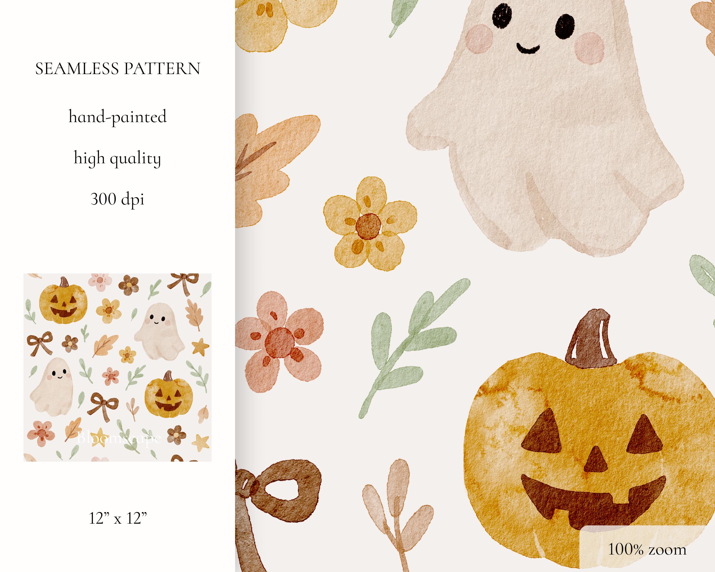 Halloween Seamless Pattern, Spooky Ghost Pumpkin Fall Floral Bow ...