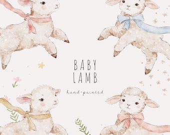 Watercolor baby lamb clipart, pink, blue, yellow bow lamb png, hand-painted lamb nursery, cute lamb, spring baby girl, baby boy clipart
