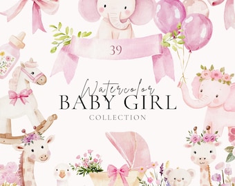 Watercolor Baby Girl Clipart, Pink Nursery Animals, Cute Elephant, Giraffe, Rocking Horse, Floral Baby Carriage, Baby Shower PNG Clipart