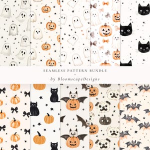 Halloween Musterdesign Set, 10 gruselige Aquarell-Designs, süße Geister, Kürbis, Schleife, Fledermaus, Katze, Hund Muster, digitales Papier zum Basteln