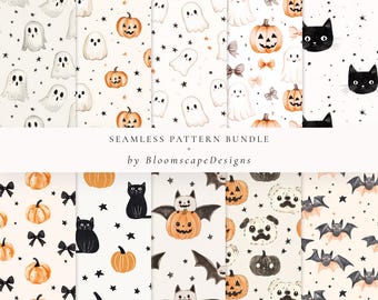 Halloween Seamless Pattern Bundle, 10 Spooky Watercolor Designs, Cute Ghost, Pumpkin, Bow, Bat, Cat, Dog Patterns, Digital Paper for Crafts