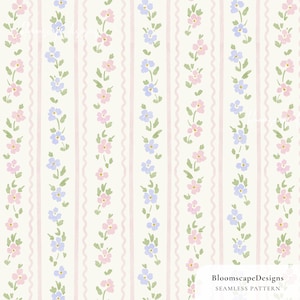Könnte beinhalten: Nahtloses Blumenmuster mit vertikalen Reihen aus rosa und blauen Blumen und grünen Blättern, die sich mit wellenförmigen rosa Streifen auf cremefarbenem Hintergrund abwechseln. Das Design enthält den Text "BloomscapeDesigns" und "Seamless Pattern".