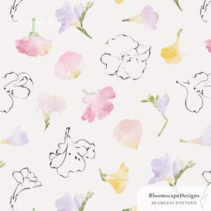 Pode incluir: Padrão floral sem costura com flores em aquarela em rosa, amarelo e roxo, com detalhes de contorno preto. O design inclui várias formas de flores e pétalas espalhadas em um fundo creme. O texto "BloomscapeDesigns" é visível.