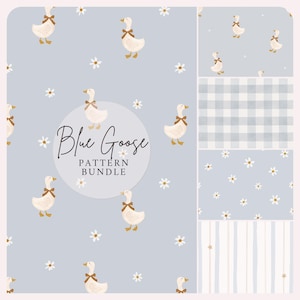 May include: A digital pattern bundle with a pale blue backdrop, white daisies, and illustrations of white geese adorned with brown bows. The text "Blue Goose Pattern Bundle" is in a circular design.