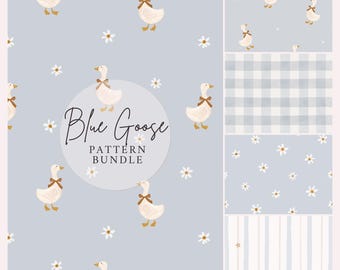 Blue Goose Nursery Pattern Bundle, Vintage Cottagecore Seamless Patterns, Soft Blue Gingham Stripe Daisy Wallpaper Fabric