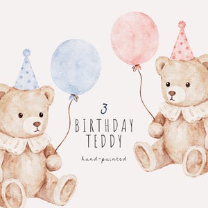 Clipart de ursinho de pelúcia em aquarela, urso de 1º aniversário PNG, chapéu de festa, balão de pelúcia, clipart de primeiro aniversário de menino e menina, arte pintada à mão