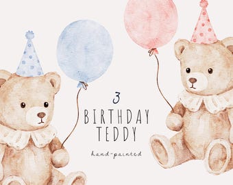 Watercolor teddy bear clipart, 1st birthday bear PNG, party hat balloon plush toy, baby boy girl first birthday clipart, hand-painted art