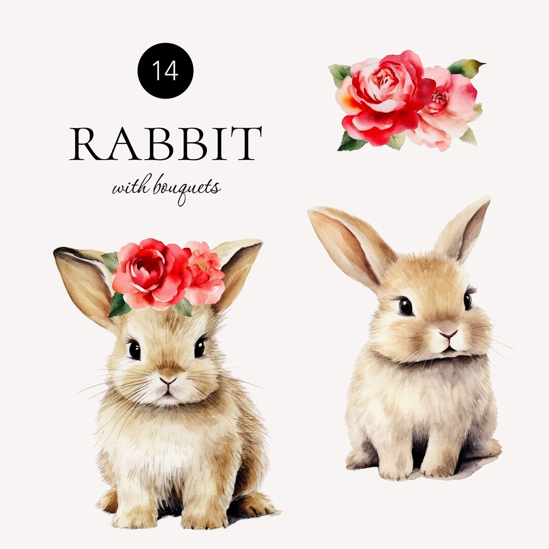 Cute Bunny Watercolor Clipart, Rabbit Spring Clipart, Floral Bunny ...