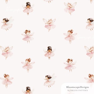 May include: A seamless pattern with watercolour illustrations of fairies in pink tutus and wings. The fairies have different hairstyles and skin tones, set against a soft, off-white background. The design includes the text "BloomscapeDesigns" and "SEAMLESS PATTERN".