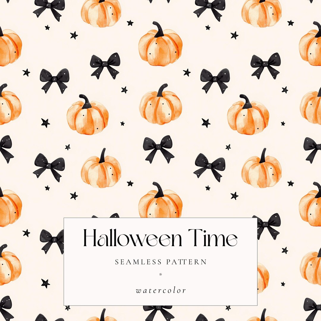 Watercolor Halloween Pumpkins Bows Seamless Pattern, Cute Halloween ...