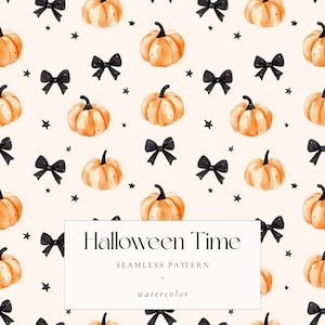 May include: A seamless pattern featuring watercolour illustrations of orange pumpkins and black bows on a cream background. The text "Halloween Time" is written in a black serif font with the words "Seamless Pattern" and "watercolour" below it.