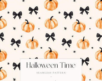 Watercolor Halloween Pumpkins Bows Seamless Pattern, Cute Halloween Digital Paper, Pumpkin Black Bow Background, Fall Scrapbook Paper