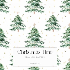 Modello senza cuciture di albero di Natale, alberi di Natale verdi con stelle dorate, carta digitale per le feste, grazioso sfondo natalizio per i lavoretti