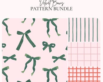 Velvet Bows Seamless Pattern Bundle, Green Bows, Red, Pink Gingham Checkered Pattern, Stripe Pattern, Elegant Playful Holiday Digital Paper