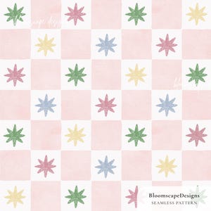 Puede incluir: Diseño de patrón sin costuras con una cuadrícula de cuadrados rosas y blancos. Cada cuadrado blanco contiene una estrella colorida en tonos verdes, rosas, amarillos y azules. El texto "BloomscapeDesigns" y "SEAMLESS PATTERN" está en la esquina inferior derecha.