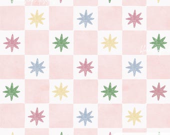 Retro Summer Star Seamless Pattern, Pastel Checkered Digital Paper, Cute Colorful Stars Grid, Kids Scrapbook Paper, Fabric Wallpaper