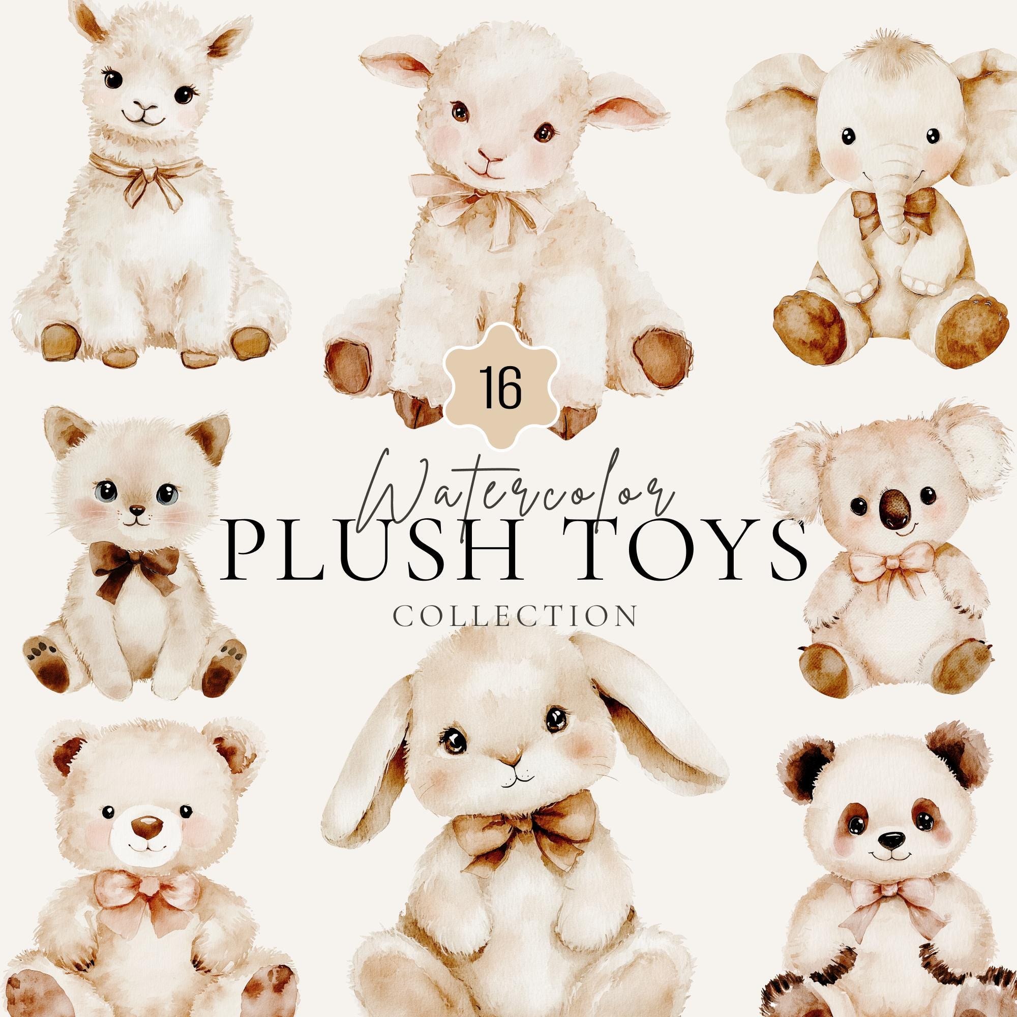 Watercolor Plush Animal Clipart, Cute Teddy Bear Bunny PNG, Neutral ...
