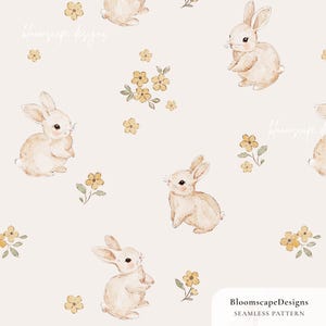 May include: A seamless pattern featuring watercolor illustrations of tan bunnies and yellow flowers on a cream background. The design includes the text "Bloomscape Designs" and "Seamless Pattern".