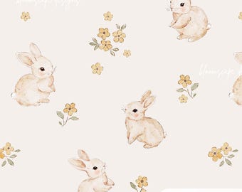 Bunny Seamless Pattern, Watercolor Rabbit Digital Paper, Neutral Floral Vintage Nursery Fabric, Easter Wallpaper
