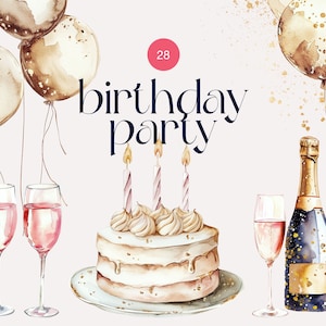 Wasserfarben Roségold Geburtstagsparty Clipart, Roségold-Geburtstagsballons, Mädchengeburtstag, Goldpartydekor, Pastell-Geburtstagstorte Clipart