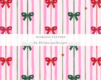 Pink Red Green Christmas Bow Stripe Seamless Pattern, Watercolor Holiday Digital Paper, Festive Girly Background, Scrapbook Wrapping Design