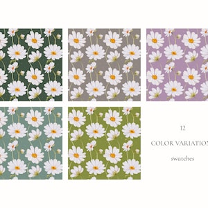 May include: Twelve different color variations of a seamless pattern featuring white daisies with yellow centers on a variety of colored backgrounds. The backgrounds include green, gray, light green, and purple.