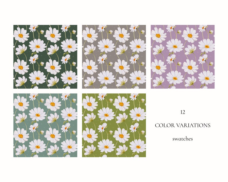 May include: Twelve different color variations of a seamless pattern featuring white daisies with yellow centers on a variety of colored backgrounds. The backgrounds include green, gray, light green, and purple.