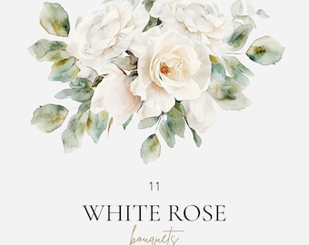 White rose watercolor floral clipart, White rose pre-made floral arrangements, Elegant wedding clipart, White roses png set, Commercial use