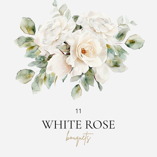 Weiße Rose Aquarell Blumen Clipart, weiße Rose vorgefertigte Blumenarrangements, Elegante Hochzeit Clipart, weiße Rosen png Set, kommerzielle Nutzung