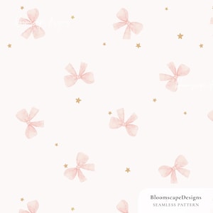 Puede incluir: Patrón sin costuras con lazos de acuarela en rosa suave y estrellas doradas sobre un fondo crema. El texto "BloomscapeDesigns" y "SEAMLESS PATTERN" está en la esquina inferior derecha.