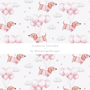 Niedliches Dackel-Rosa-Ballon-Muster, wunderlicher Hund, Aquarell, digitales Papier für Babyparty, Valentinstag, Geschenkpapier