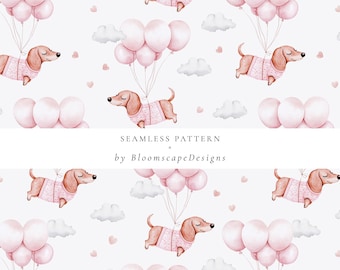 Cute Dachshund Pink Balloon Seamless Pattern, Whimsical Dog Watercolor Digital Paper for Baby Shower, Valentine’s Crafts, Wrapping Paper