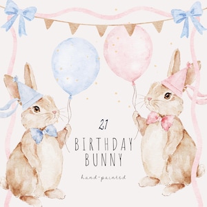 May include: A watercolour illustration featuring two bunnies, each wearing a party hat and holding a balloon. The bunnies are tan with blue and pink bow ties. The text reads "21 BIRTHDAY BUNNY hand-painted". Decorative bows and bunting are in the background.