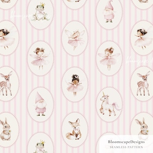 May include: Seamless pattern featuring whimsical illustrations of fairies, gnomes, deer, bunnies, and a unicorn, set within oval frames against a pink and white striped background. The design includes the text "BloomscapeDesigns SEAMLESS PATTERN".