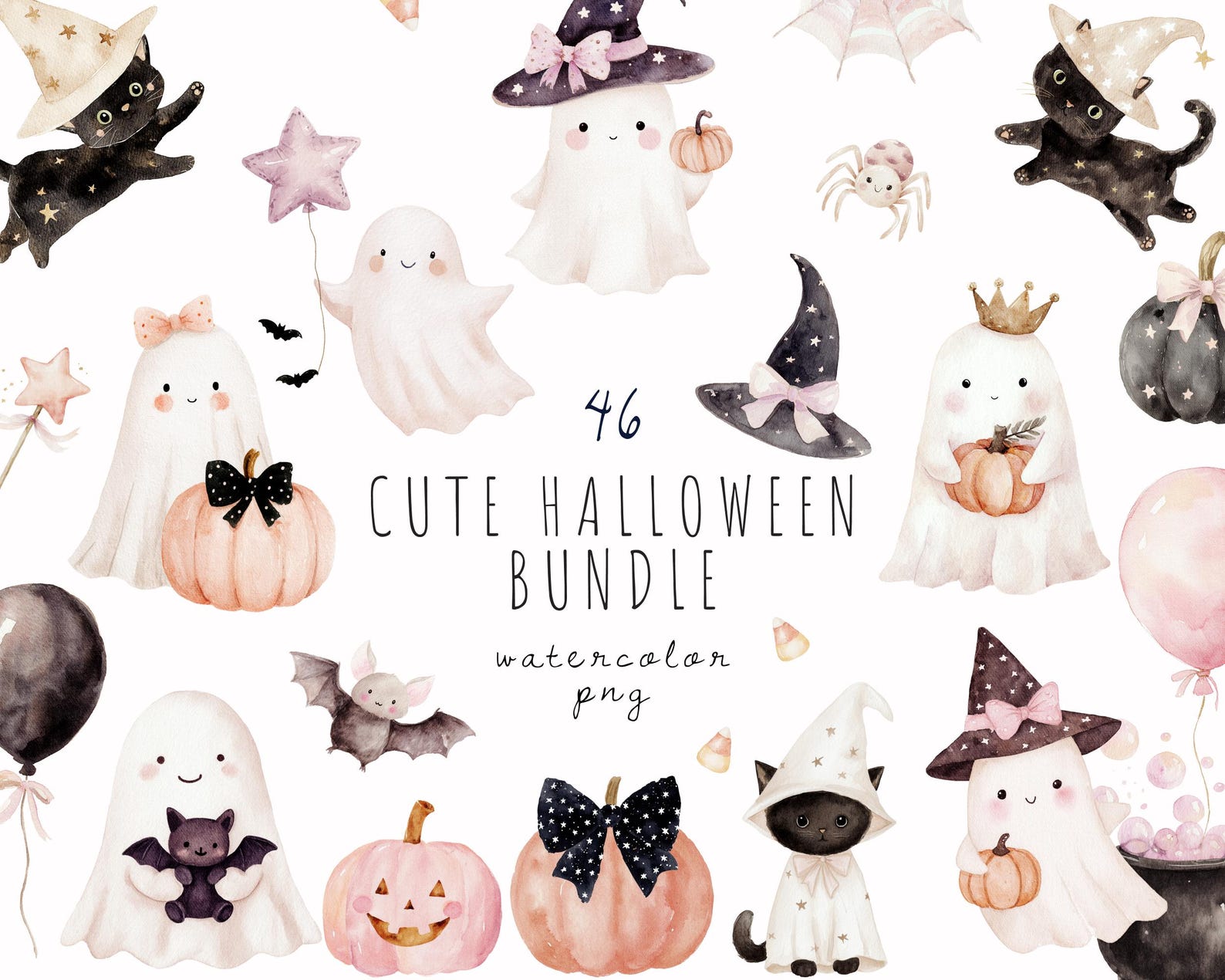 Pastel Halloween Clipart, Cute Ghost PNG, Kawaii Halloween Bundle ...