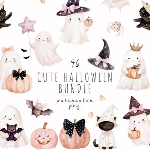 Puede incluir: Ilustraciones en acuarela con temática de Halloween. La imagen incluye fantasmas, gatos negros, calabazas, sombreros de bruja, murciélagos y una araña. El texto dice "46 Cute Halloween Bundle watercolor png."